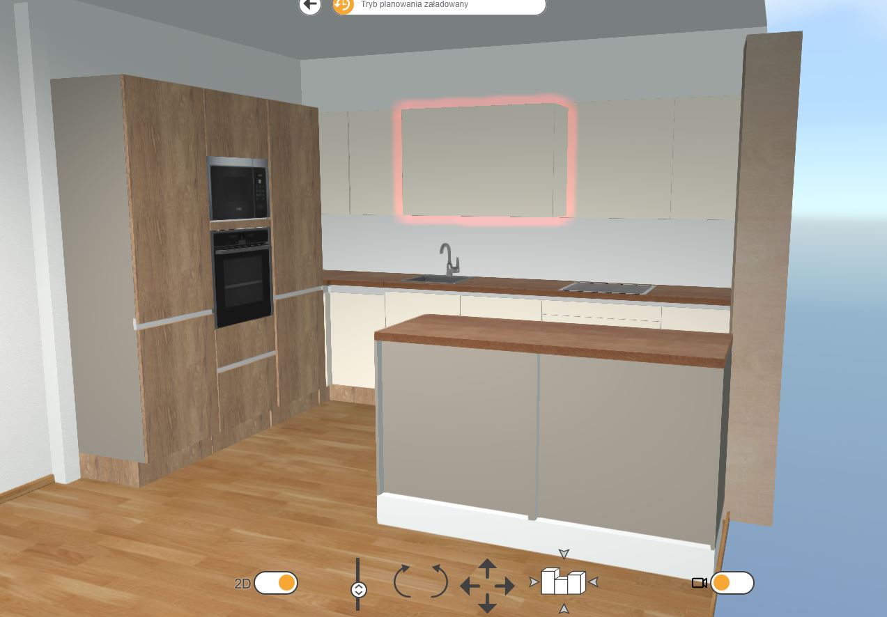 Kuchnia na wymiar — wizualizacja 3D, biały mat + dąb, wyspa