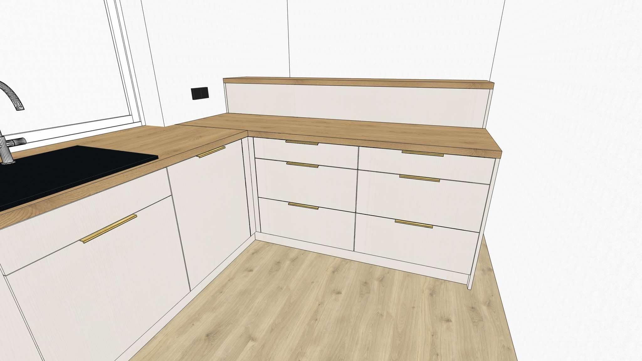 Kuchnia narożna — białe fronty + złote uchwyty