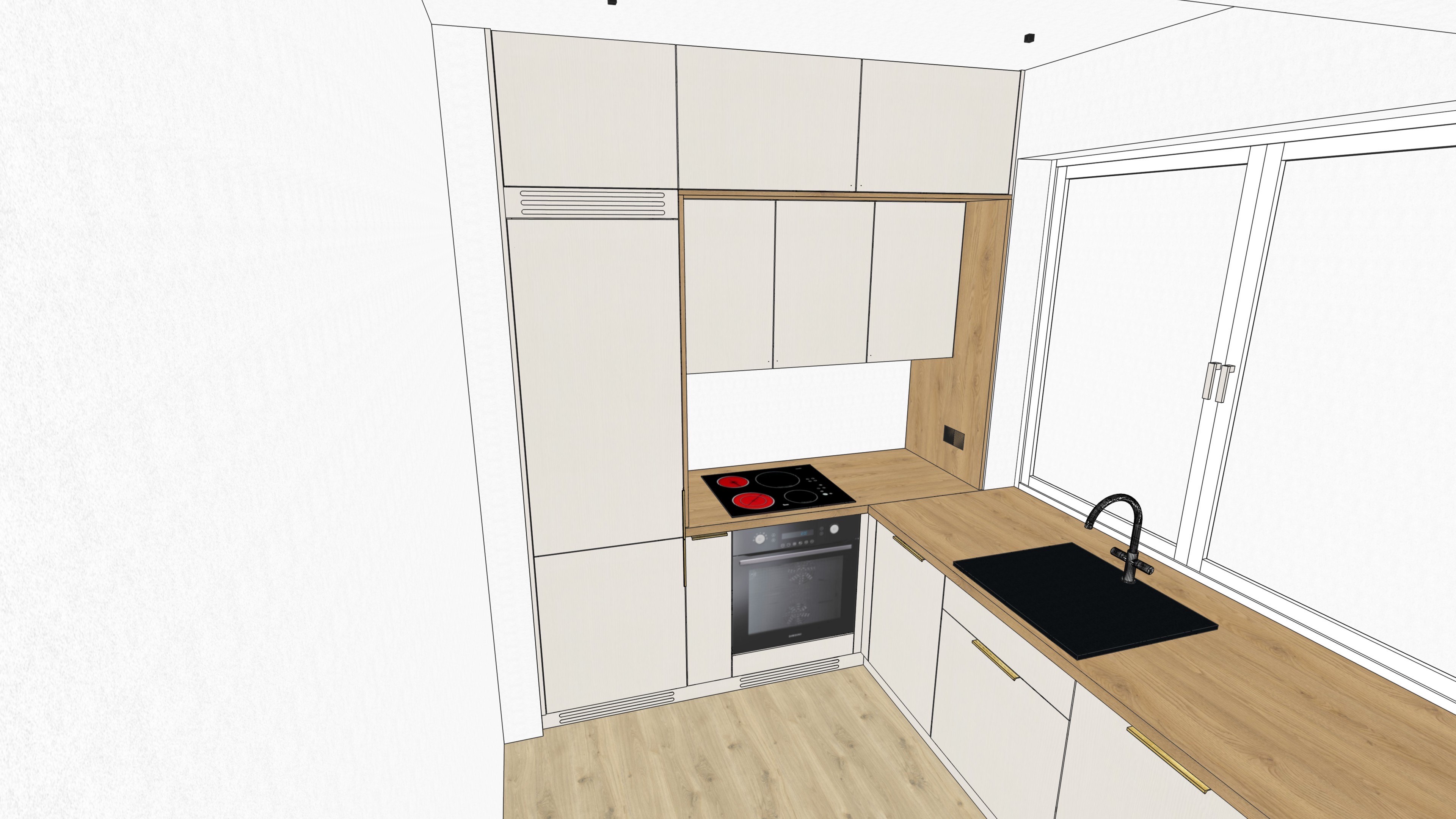 Kuchnia — widok z oknem i wyspą